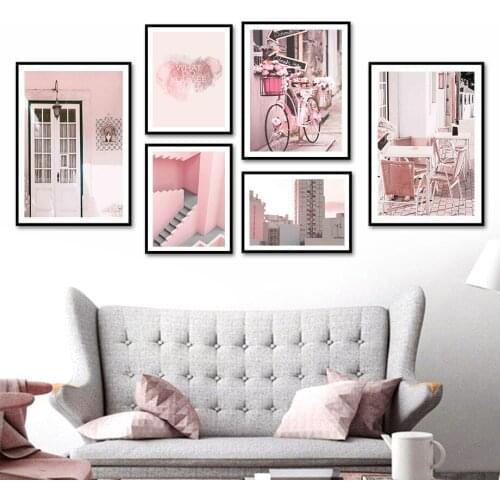 Pink City Street View Bicycle Cafe Shop Wall Art Canvas Painting Nordic Posters And Prints Wall Pictures For Living Room Decor