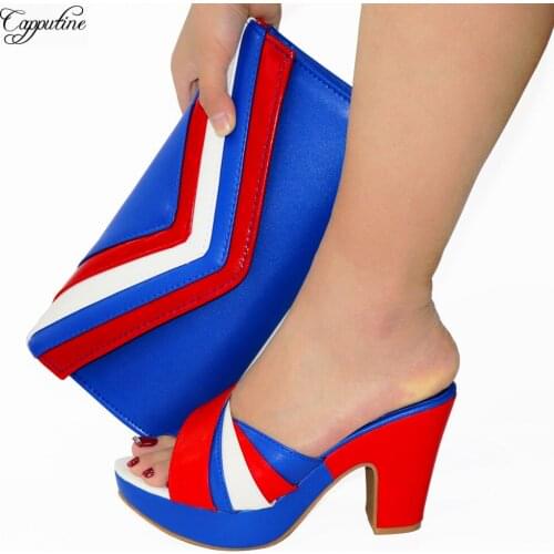 Latest Blue Shoes And Bag Set African Women Pumps With Purse Handbag High Heels Ladies Platform Slippers Purse CR2126 10CM