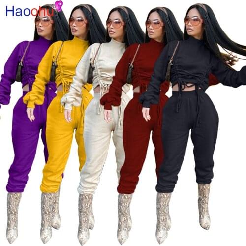 HAOOHU Activewear Autumn Womens Set Full Sleeve Adjustable turtleneck Tops Pant Suits Tracksuit Two Piece Set Outfits warm