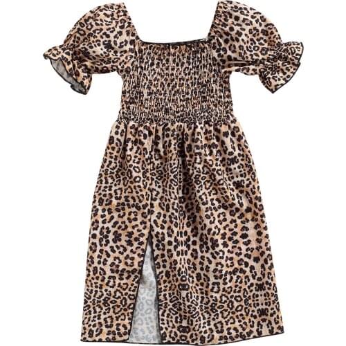 Girls Casual Long Slit Dress Brown Leopard Printed Pattern Short Sleeve Square Collar Dresses