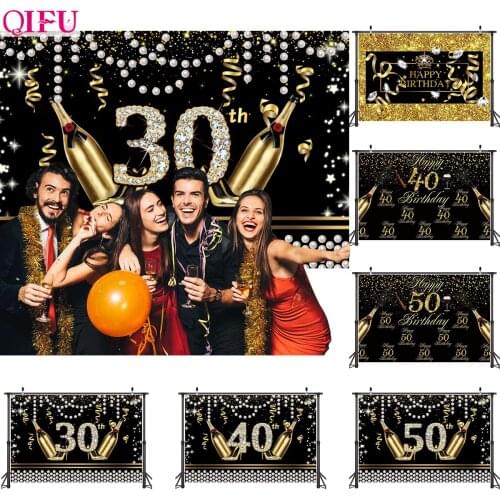 QIFU Blackgold Happy Birthday Backdrop 30 40 50 Birthday Party Decor Adult 30th 40th Birthday Anniversary 50th Party Supplies