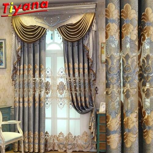 Blue Gray Luxury Embroidered Curtain for Living Room Hollow Out Geometric Semi Blackout Window Drapes Tulle for Villa X-HM159#NT