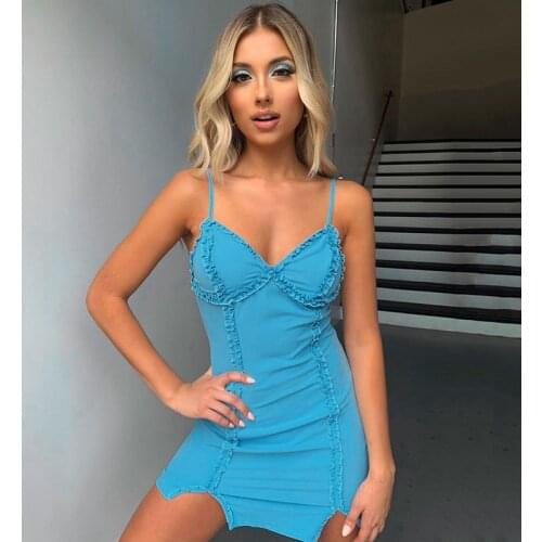 Sexy Ladies Frill Ruffle Bodycon Dress Summer Solid Sling Straps Women Backless Package Hip Mini Vestidos Club Party Split Dress