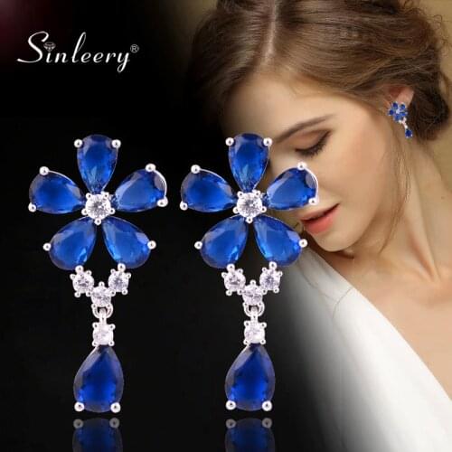 SINLEERY Luxury Shining White Blue Crystal Flower Waterdrop Earrings Bridal Wedding Jewelry For Women ES034 SSA