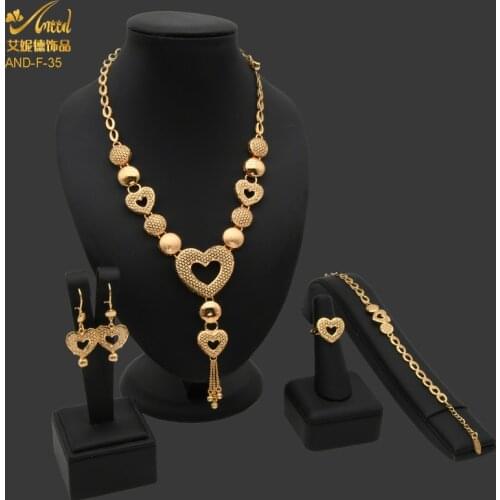 Heart-Shaped Bridal Jewelry Sets Gold Filled Big African Nigerian Necklace Bracelet Earring Set Wedding Indian Jewellery Gift