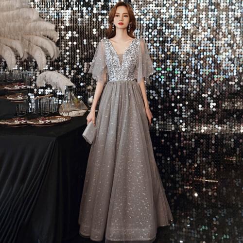 Gray V-Neck Evening Dress Sequins Tulle A-Line Pleat Short Sleeves Empire Floor-Length Elegant Woman Formal Party Gowns A1276