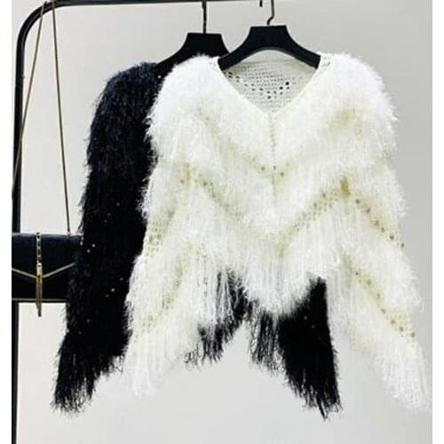 Knitted Rhinestone Tassel Sweater Women Irregular Bat Sleeve Solid Color V-Neck Slim Fall Cardigan Crop Top Lugentolo