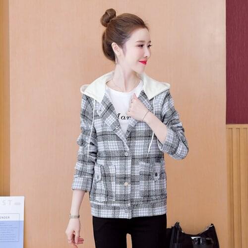 Womens Woolen Jacket 2021 New Spring Autumn Houndstooth Blended Woolen Coat Ladies Short Lattice Jackets Outerwear Female Tops