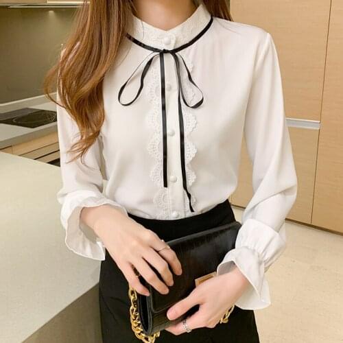 2021 Spring White Shirt Women Korean New Bow Sweet Chiffon Blouses Women Fashion Long Sleeve Blouses Elegant Office Lady Blusas