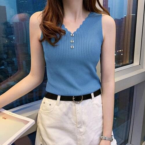 Vest women knitting Tank 2020 Button camisole casual summer Slim elastic sleeveless Female Top Solid fashion Korea Vests Femme