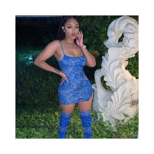 Cutenew Printing Skinny Strap Mini Women Dresses 2021 Summer Sexy Backless Streetwear Side Split Outfits Camisole Dresses Female