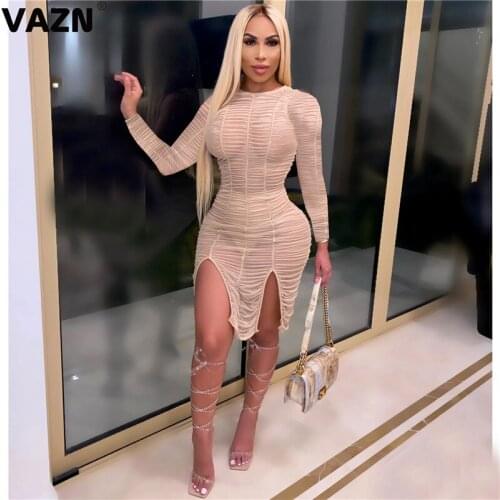 VAZN 2020 Autumn New Arrival Sexy Club See Through Lace Outspoken Style Solid Full Sleeve Women High Waist Thin Midi Dress