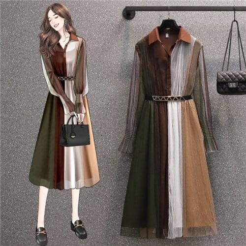 Women Runway Design Splice Mesh Dress 2021 Retro Spring Fashion Turn-down Collar Long Sleeve Button A-line Dress