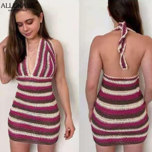 Allukasa Knitted Dress Lady Beach Holiday Partywear Sexy Halter Bodycon Slim V Neck Backless Y2K Streetwear Mini Dresses Vestido