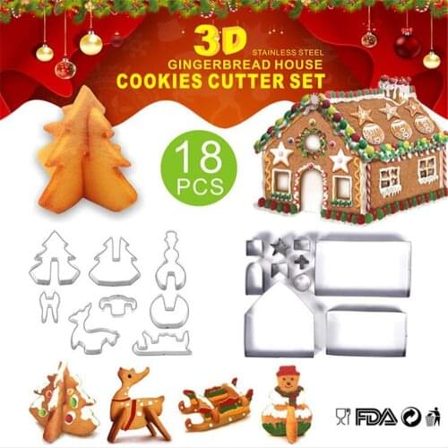 18pcs 3D Gingerbread house Stainless Steel Christmas Scenario Cookie Cutters Set Biscuit Mold Fondant Cutter Baking Tool