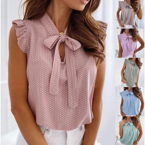 2021 Summer Fashion Polka Dot Bow Neck T Shirt Women Frill Ruffle Top mujer Shirt Sleeveless de Female camisetas T-shirt To B9W8