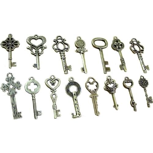 40pcs/1 Set Fancy Heart Bow Necklace Pendant Antique Vintage Old Look Bronze Skeleton Keys