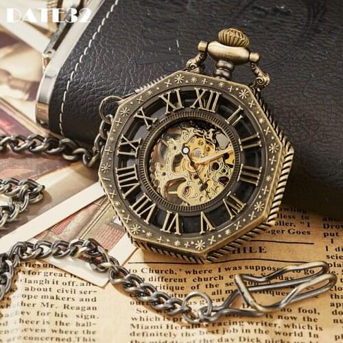 Antique Mechanical Pocket Watch for Collection Full Bronze Roman Numerals Skeleton Dial Fob Clock with Gift Box for Dropshipping