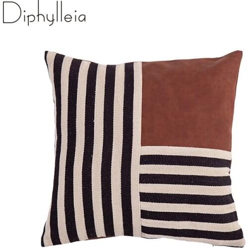 Diphylleia Authentic Boho Style Pillow Covers PU Leather Striped Canvas Patch Stitching Modern Simple Cushion Case Sofa Couch