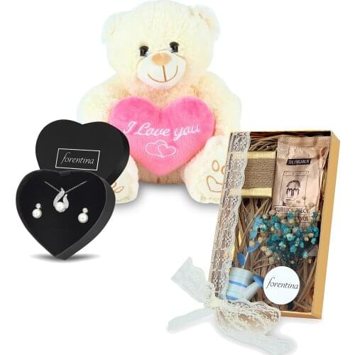 Forentina İnci Modeli Kolye Küpe Ayıcı Ve Kahve Seti Hediye PS1690