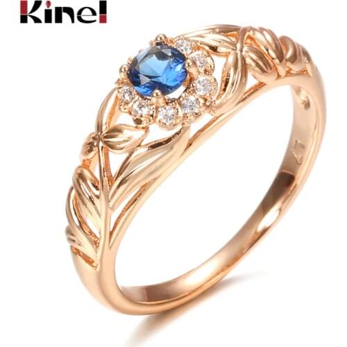 Kinel Blue Natural Zircon 585 Rose Gold Ring Hollow Crystal Flower Ethnic Bride Wedding Rings for Women Vintage Fine Jewelry