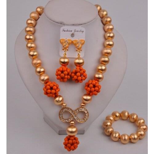 Dubai Gold Orange Coral Color African Jewelry Set Bridal Wedding Beads Party Jewelry Gifts Nigerian Jewelry Sets 44-T-06
