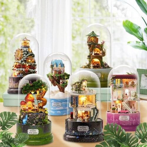 Creative DIY Miniature Doll House With Dust Cover Rotating Music World Wooden Mini Dollhouse Model Toy Music Box Toys Girls Gift