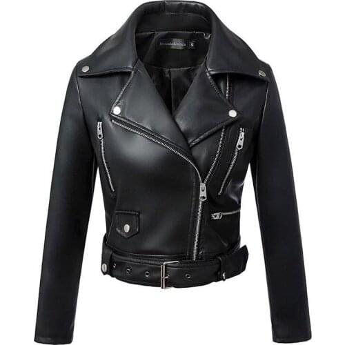 Autumn Winter Pu Leather Black Jacket Women Long-Sleeve Outerwear Casual Turn-Down Collar Slim Coat