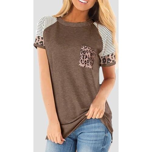 Summer T Shirt Summer O-neck Short Sleeve Leopard Pocket Tops Tee Shirts Female Top Women Raglan Sleeve T-shirt