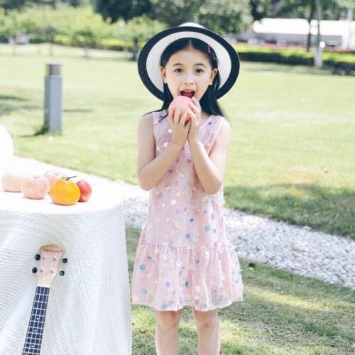 Summer Cute Girls Dress Sequined Lace Sleeveless Big Children Clothes Dress Lotus Leaf Hem Party Dress Pink New