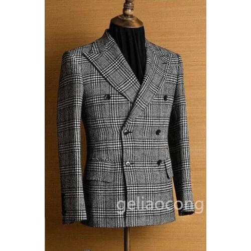 Custom Made Men Suits Blazer Houndstooth Men Formal Suits Jacket Double Breasted Groom Tuxedos Peaked Lapel Blazer Business Coat