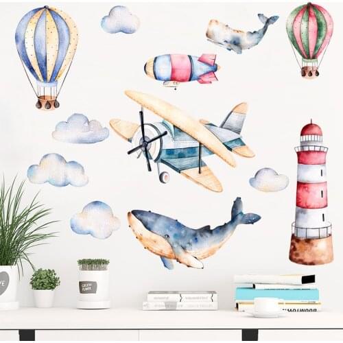 Watercolor Airplane Lighthouse Wall Sticker For Baby Kids Room Wall Decal Home Decor Wallpaper Nursery Hotel Cartoon Art Murals