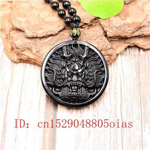 Natural Black Obsidian Dragon Head Pendant Beads Necklace Fashion Charm Jewellery Hand-Carved Lucky Amulet Gifts for Women Men