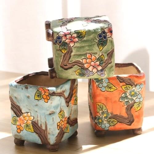 Country Style Simple Succulents Flower Pot Ceramic Hand Painted Flower Pot Coarse Pottery Permeable Breathable Flower Pot