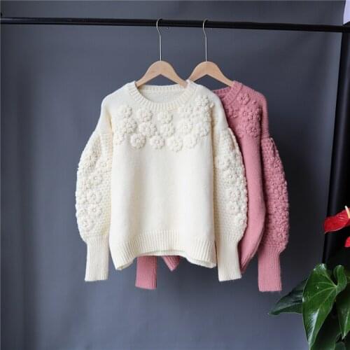 3D Floral Embroidery Pullovers Sweater 2020 Solid O Neck Chic Womens Jumpers Korean Loose Lantern Sleeve Knitwear