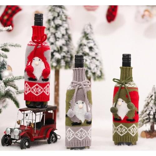 Knitted Fabric Christmas Wine Bottle Cover with Bowknot Old Man Pattern Festive Ambience Wine Bottle Dress-up for Household