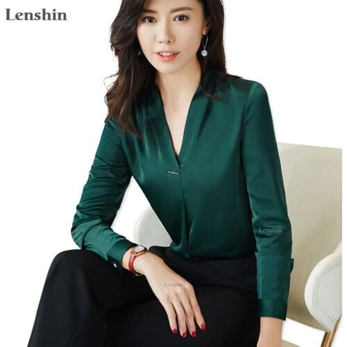 Lenshin New Fabric High-quality V-Neck Shirt for Women Blouse Elegant Tops Female Long Sleeve Office Lady Work Wear