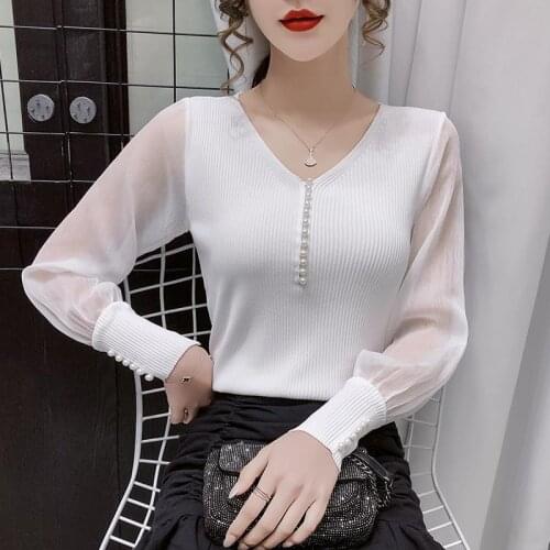Women 2021 Spring Fashion Chiffon Patchwork Shirts Female Long-sleeved Knitted Blouses Ladies V-neck Pullover Shirts W112