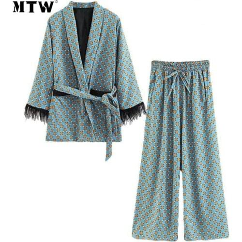 2021 Summer Autumn Printed 2 Piece Sets Women Long Sleeve Blazer Jackets With Feather +Wide Leg Pants Suits