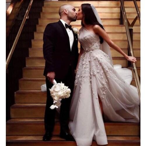 2021 Best Selling Prom Dresses One Shoulder Pleated Sequin Lace Thigh Slit A Line Silver Vestidos De Formature