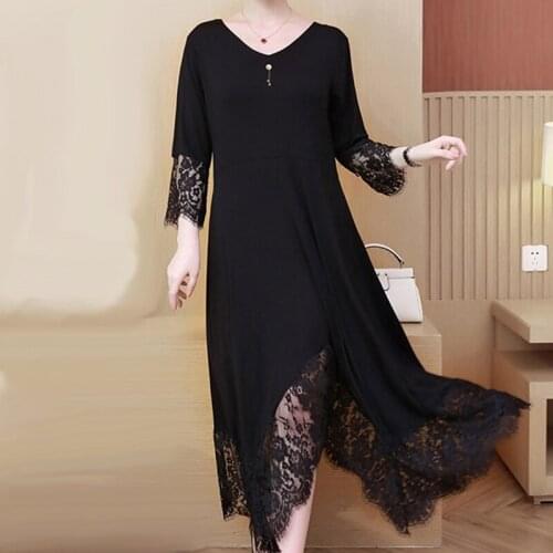 Plus Size 6XLNew 2020 Women Casual Black Dress Summer Lace Patchwork Cold Shoulder Short Sleeve Irregular Party Dresses Vestidos