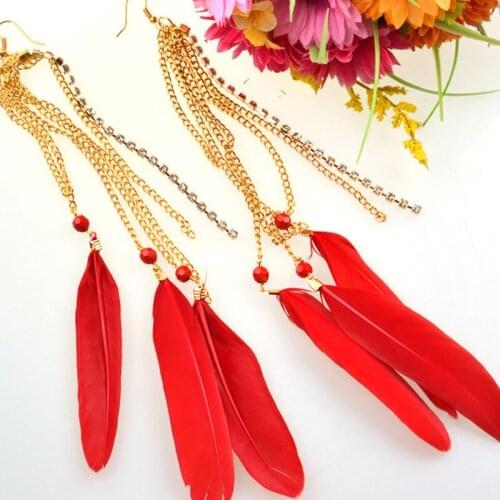 1Pair Long Tassels Crystal Chain Feather Earrings Cute Dangle Earring For Women Girl Summer Gift