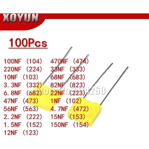 100pcs Polypropylene Safety Plastic Film 100V 1nF ~ 470nF 100nf 220nf 10nf 47nf 22nf 1nf 0.47uf 0.1uf Correction capacitor