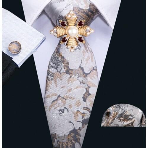 2020 European style Retro Painting Khaki Floral 100% Silk Men Tie Barry.Wang Woven Business Party Necktie Brooch Men Gift N-5072