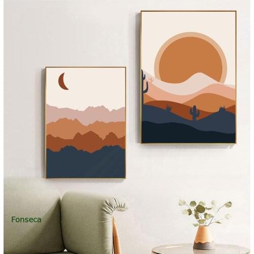 Abstract Boho Landscape Pictures Moon Sun Posters And Prints Vintage Wall Art Nordic Forest Canvas Painting For Bedroom Decor