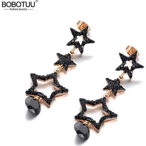 BOBOTUU Bohemia Hollow Geometric Rhinestone Star Earrings Stainless Steel Trendy CZ Crystal Earrings Jewelry For Women BE20110