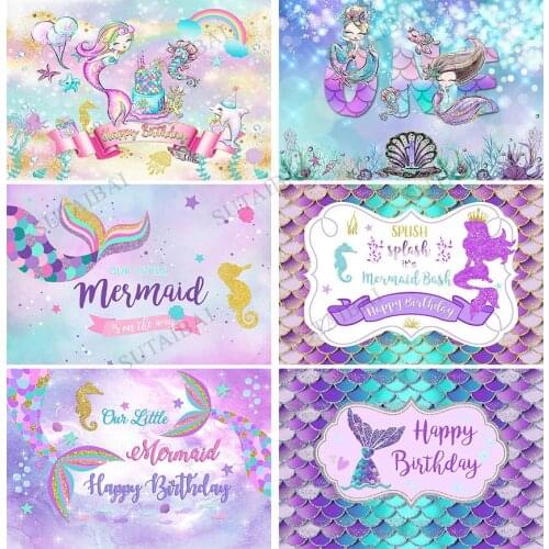 Mermaid Happy Birthday Photography Background Under The Sea Mermaid Girl Birthday Cake Decoration Banner Glitter Colorful Studio