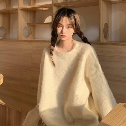 Korean Sweet Preppy Style Hedging Loose Women Sweater O-Neck Kawaii Cartoon Thick Knitting Wool Pullovers Full Sleeve Sweaters