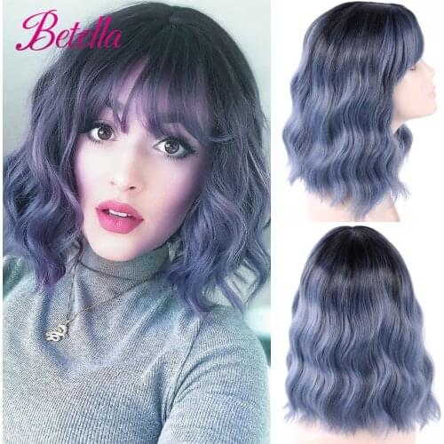 BetellaPink Wavy Wig With Bangs Short Bob Wig Curly Wavy Bob Synthetic Red Blonde Green Purple Wigs High Temperature Cosplay Wig