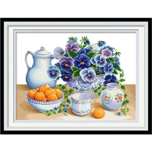 Beautiful Rose Blossom Bouquet of Wild Flower Bowl of Fruits Purple Flower Stamped Cross Stitch Kit Embroidery needlework set